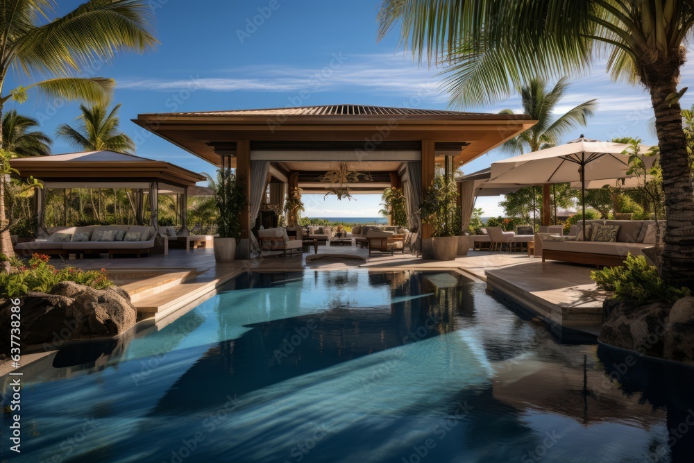 Resort Pool With Cabanas Sunbed, Generative AI