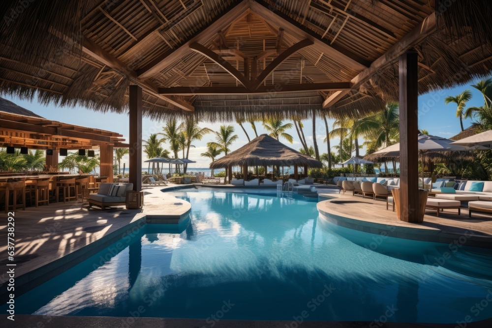 Resort Pool With Cabanas Sunbed, Generative AI