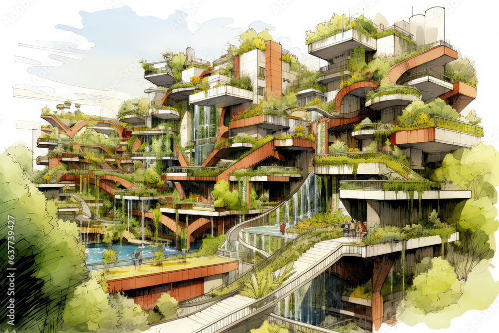 Sketch of a sustainable residential complex with green roofs, vertical gardens, and rainwater harvesting.