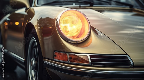 Retro-Styled car speeding on the highway with headlights on - macro lens, high details, photorealistic, cinematic lights photo