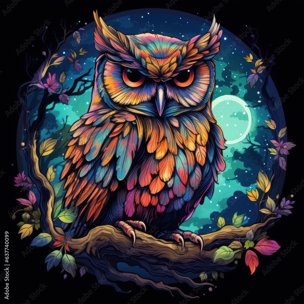 A retro-inspired neon owl, perched on a tree branch surrounded by celestial motifs on a shirt that evokes a sense of mystical nostalgia