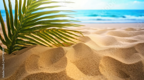 Summer beach with sand and palm leaves