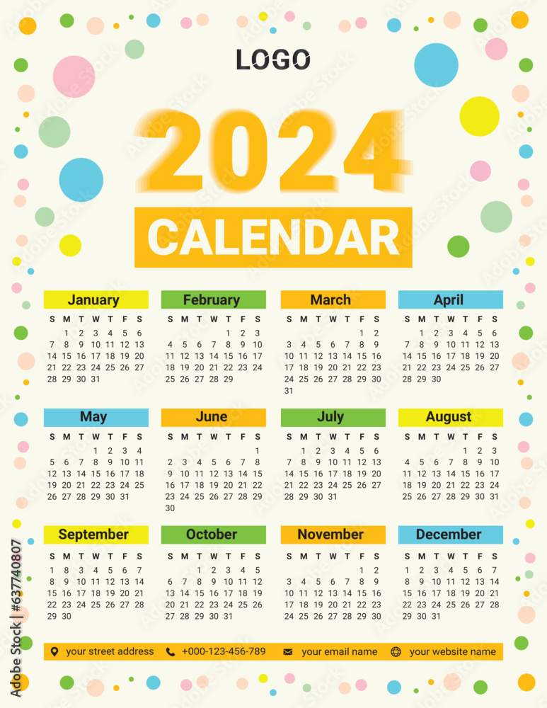 Light theme 2024 wall Calendar design for printable vector template