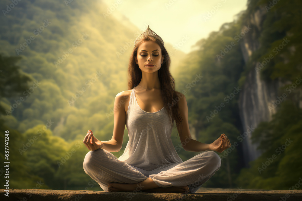 woman holding the pose meditating in yoga pose nature, generative AI