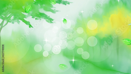 水彩の葉が舞う緑の風景