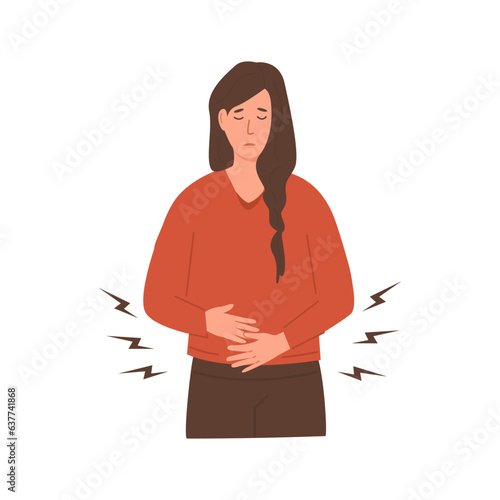 Woman with stomach ache holding her hands on belly. Young female with abdominal pain. Cramps, discomfort during menstrual period. PMS symptom. Uterine, Ovarian and Cervical Cancer. Vector illustration