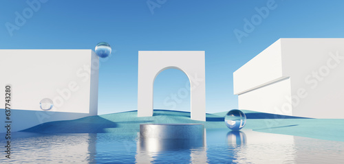 3d Render, Abstract Surreal pastel landscape background with arches and podium for showing product, panoramic view, Colorful dune scene with copy space, blue sky and cloudy, Minimalist decor design © TANATPON
