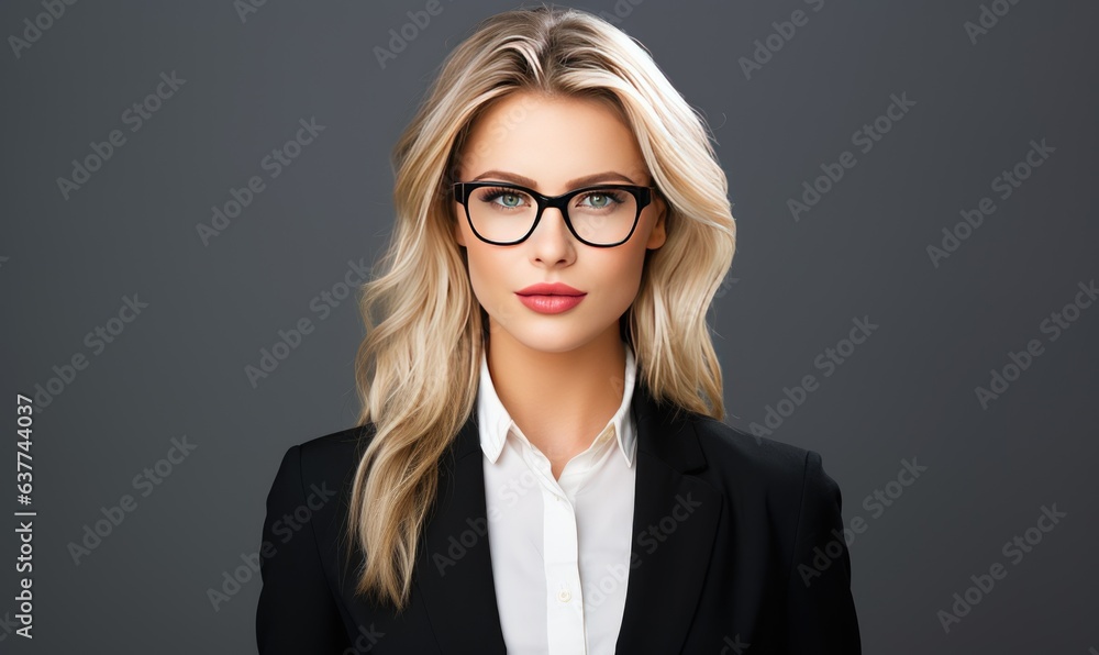 A professional woman wearing glasses and a suit