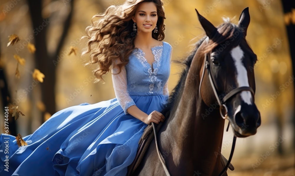 A stunning equestrian portrait capturing the grace and beauty of a young woman riding a majestic brown horse