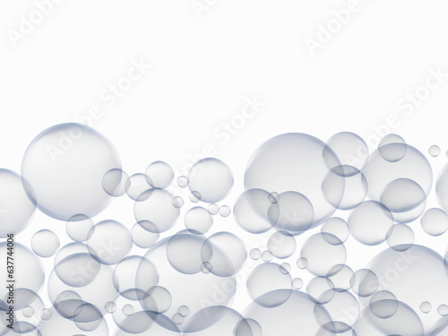 Plenty of bubbles float in the air. Big and small blue water droplets, white background. generative ai © sutthichai