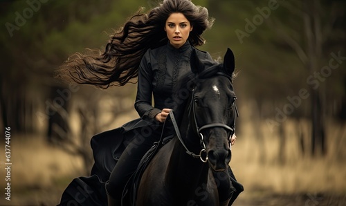 A woman riding a majestic black horse