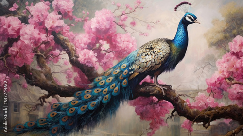 a painting of a peacock sitting on a tree branch with pink flowers in the background and a bird flying by.  Generative Ai
