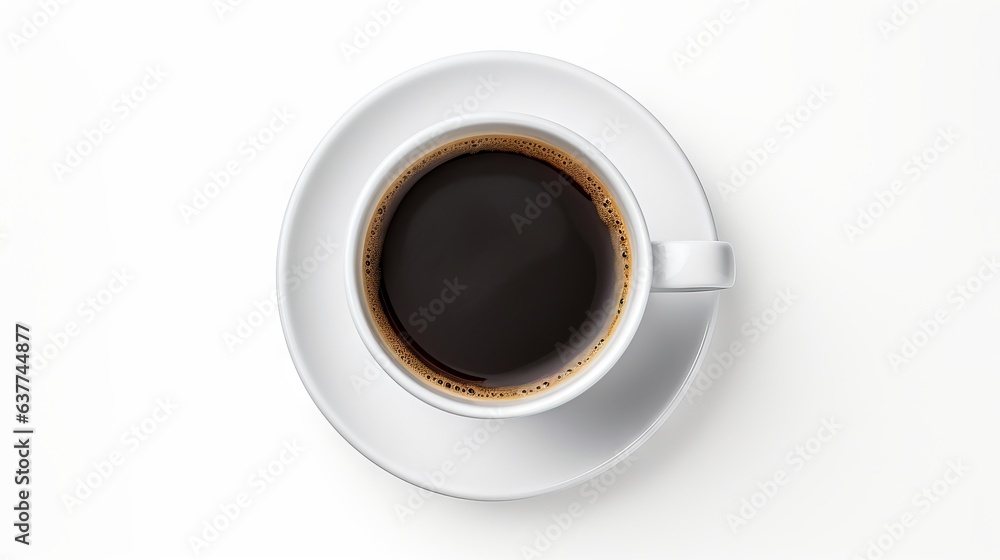 Rich black espresso coffee with crema in isolated white cup and saucer - top view beverage design - coffee cup isolated on white background Rich black espresso coffee with crema in isolated white cup and saucer - top view beverage design - coffee cup isolated on white background