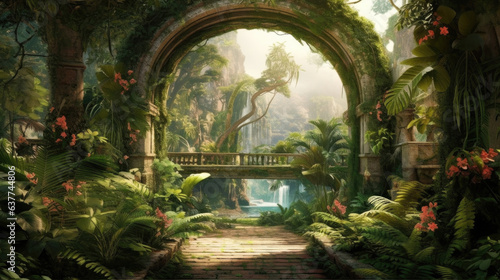 a tropical jungle with a peacock and leaves, flowers, and an arch in the distance. Generative Ai