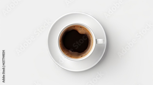 Rich black espresso coffee with crema in isolated white cup and saucer - top view beverage design