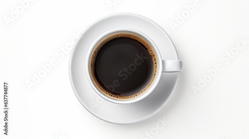 Rich black espresso coffee with crema in isolated white cup and saucer - top view beverage design - coffee cup isolated on white background