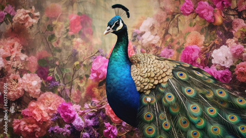 Beautiful peacock portrait on background of flowers. Vintage vertical painting. Generative Ai © tong2530