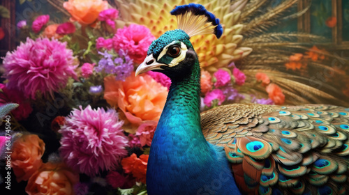 Beautiful peacock portrait on background of flowers. Vintage vertical painting. Generative Ai
