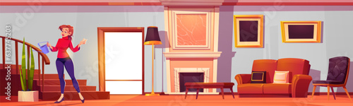 Living room interior - young woman watering flowers in pot near steps upstairs in lounge with fireplace, soft sofa, table and chair. Cartoon horizontal vector background of cozy house from inside.