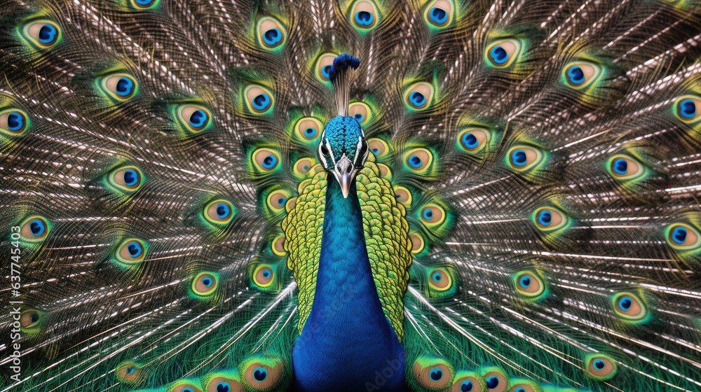 Fototapeta premium A Peacock with fanned tail. Generative Ai