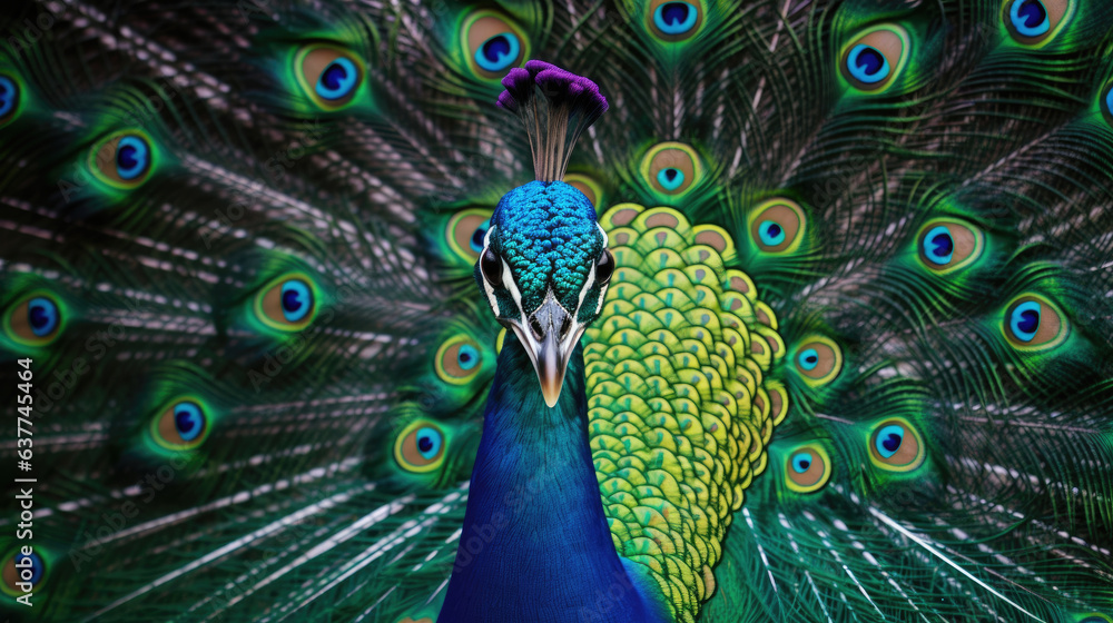 Obraz premium Portrait of beautiful peacock with feathers out. Generative Ai