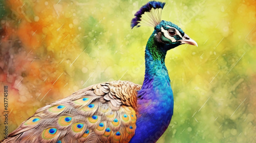 A peacock, Tropical bird, colorful peacock, printable digital watercolor painting. Generative Ai © tong2530