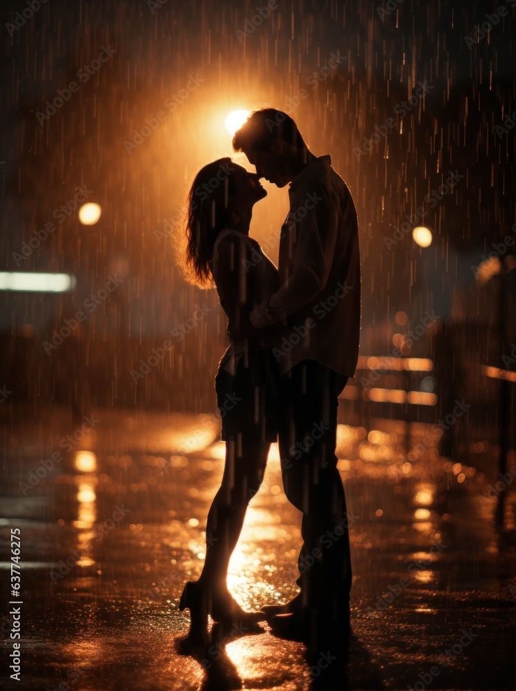 Photograph romantic couple silhouette kissing under the rain at golden hour portrait format