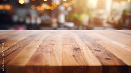 Rustic wood table top on softly blurred kitchen background - cozy home decor © Ameer