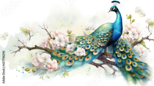 A peacock, watercolor peacock on a branch with flowers, white background. Generative Ai