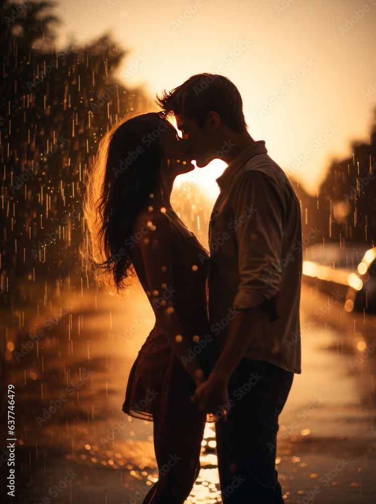 Photograph romantic couple silhouette kissing under the rain at golden hour portrait format