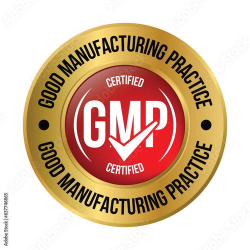 GMP Certified Badge, Good Manufacturing Practice Certified Stamp, GMP Approved Label, Packaging Design Elements, Supplement, GMP Quality Control, Medical And Health Design Element Vector Illustration