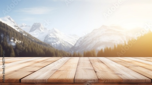 Blurred Christmas background with wooden terrace: white wood tabletop against natural sky and mountain blur – product display montage © Ameer