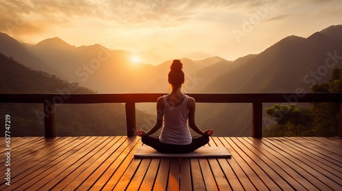 Silhouette of young woman meditating on wood balcony against mountain sunset sky - yoga, freedom, success, health concept