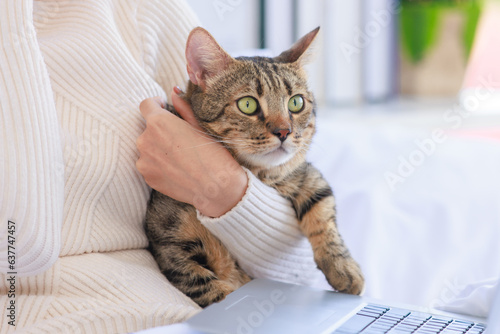 Asian pretty female teenager girl in turtleneck sweater wearing headphones listen to music from laptop on white clean sheet bed under blanket drinking coffee with cute domestic tabby short hair cat