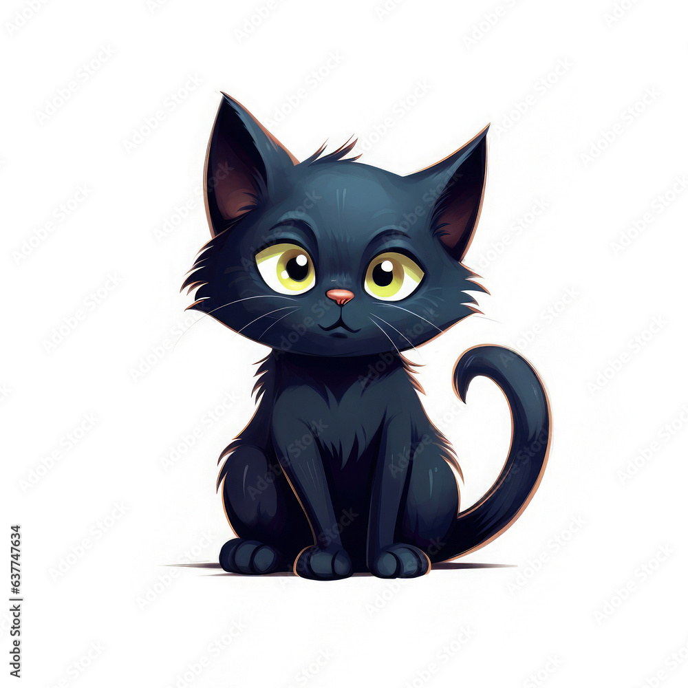 Cute cartoon illustration of a black cat isolated on white. Witch familiar character, halloween icon. Cute cartoon illustration of a black cat isolated on white. Witch familiar character, halloween icon.