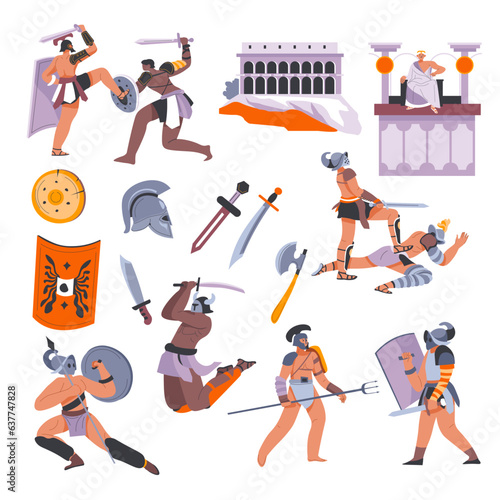 Gladiator fight, soldiers and weapons Roman men
