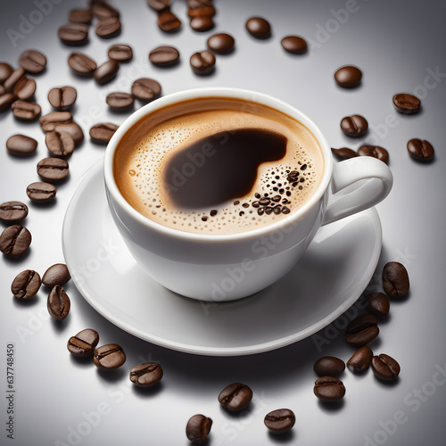 Cup of coffee with coffee beans on a white background, top view