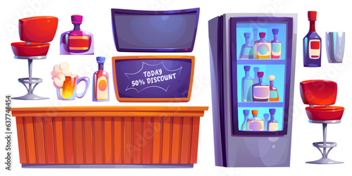 Bar counter interior furniture vector cartoon set. Pub table for craft alcohol in evening. Isolated nightclub png collection with bottle, glasses, fridge and tv. Special signboard for tavern party
