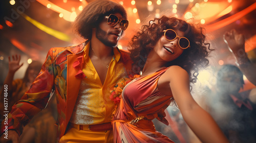 Funky couple in 70s fashion grooving at a disco. Orange hues © Sunshine Design