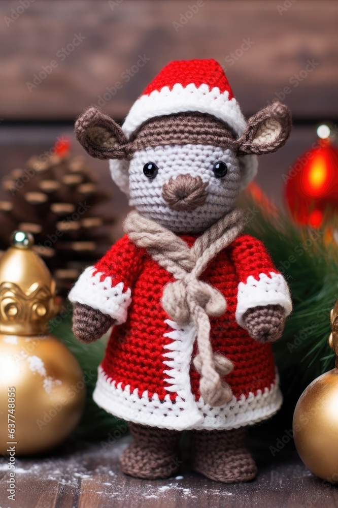 Christmas toy knitted cow. Handmade knitted toy created with Generative AI technology.