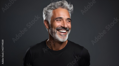 Handsome senior man in black t-shirt with white hair, smiling, displaying vibrant health with great tan skin and white teeth photo