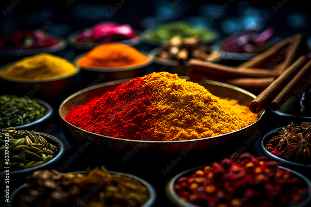 Generative AI illustration of colorful assorted spices in arabic market