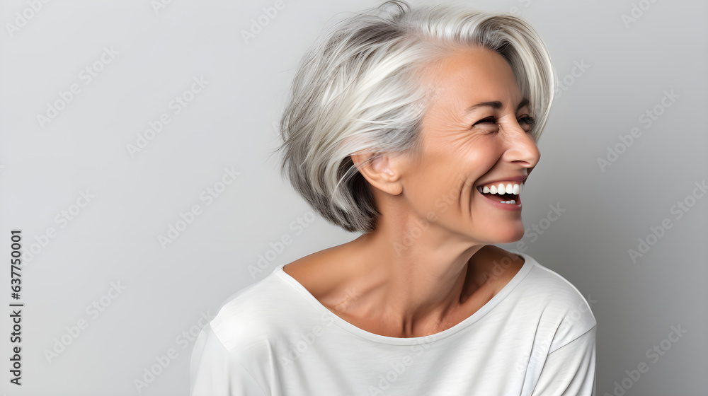 Beautiful senior woman smiling into the distance with grey hair. Great skin and teeth. Beautiful senior woman smiling into the distance with grey hair. Great skin and teeth.