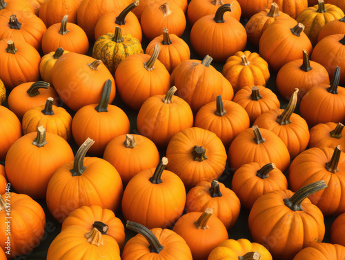 Many pumpkins on the ground  pumpkin farm background  fall seasonal harvest. 