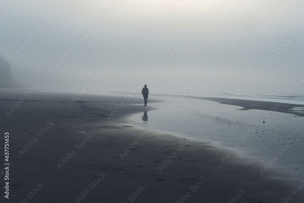 A lone individual on a misty beach symbolizes feelings of isolation and introspection often associated with depression - obrazy, fototapety, plakaty 