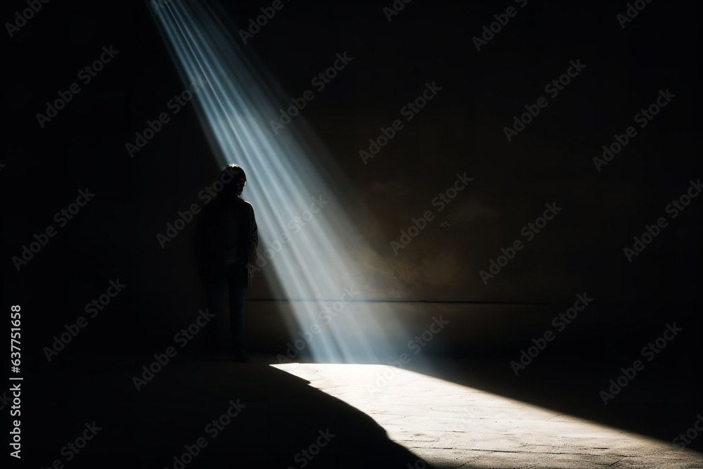  A figure shrouded in darkness, but a slender ray of light offers a hint of hope, capturing the dual nature of depression
