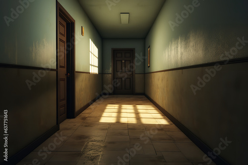 A gloomy corridor leading to a barely open door, through which a narrow light beam suggests a glimmer of hope amidst darkness