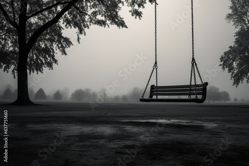 A desolate swing set in a monochrome park setting captures the essence of melancholic moods and somber moments