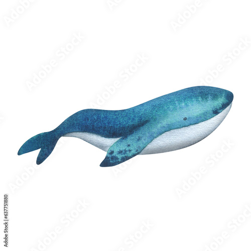 Blue, turquoise whale with texture. Watercolor illustration hand drawn in childish simple style. Isolated object on a white background.