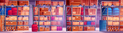 Warehouse storage interior with pallet and box. Full rack in store delivery stockroom. Distribution hangar building with crowded shelf of inventory in wood crate and cardboard package game panorama